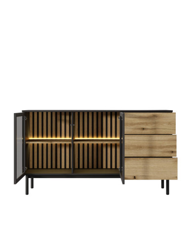 Komoda Lang 150 2d3s, szuflady, drzwi, oświetlenie, Czarny/ Evoke, Laski Meble