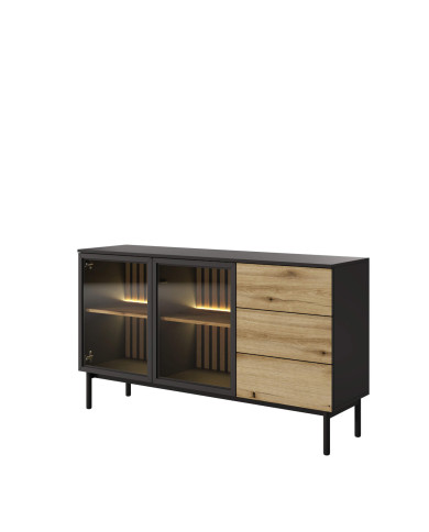 Komoda Lang 150 2d3s, szuflady, drzwi, oświetlenie, Czarny/ Evoke, Laski Meble Komoda Lang 150 2d3s, szuflady, drzwi, oświetlenie, Czarny/ Evoke, Laski Meble