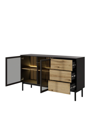 Komoda Lang 150 2d3s, szuflady, drzwi, oświetlenie, Czarny/ Evoke, Laski Meble Komoda Lang 150 2d3s, szuflady, drzwi, oświetlenie, Czarny/ Evoke, Laski Meble