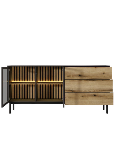 Komoda Lang 180 2d3s, szuflady, drzwi, oświetlenie, Czarny/ Evoke, Laski Meble