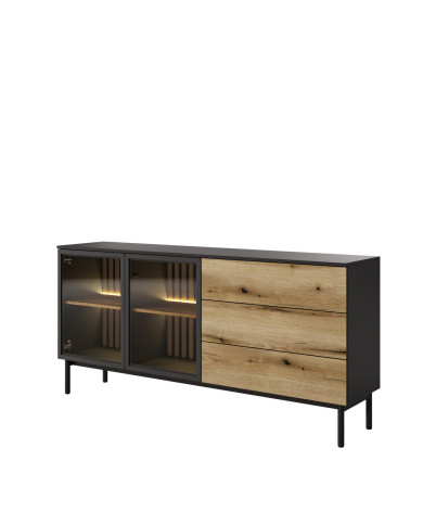 Komoda Lang 180 2d3s, szuflady, drzwi, oświetlenie, Czarny/ Evoke, Laski Meble Komoda Lang 180 2d3s, szuflady, drzwi, oświetlenie, Czarny/ Evoke, Laski Meble