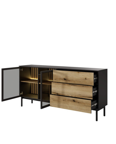Komoda Lang 180 2d3s, szuflady, drzwi, oświetlenie, Czarny/ Evoke, Laski Meble Komoda Lang 180 2d3s, szuflady, drzwi, oświetlenie, Czarny/ Evoke, Laski Meble