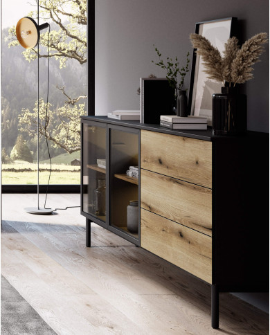 Komoda Lang 180 2d3s, szuflady, drzwi, oświetlenie, Czarny/ Evoke, Laski Meble Komoda Lang 180 2d3s, szuflady, drzwi, oświetlenie, Czarny/ Evoke, Laski Meble