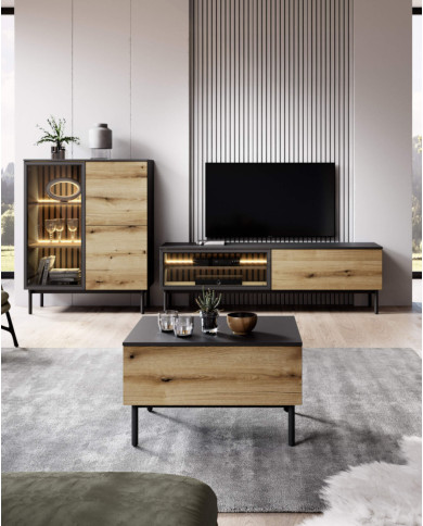 Komoda Lang 180 2d3s, szuflady, drzwi, oświetlenie, Czarny/ Evoke, Laski Meble Komoda Lang 180 2d3s, szuflady, drzwi, oświetlenie, Czarny/ Evoke, Laski Meble