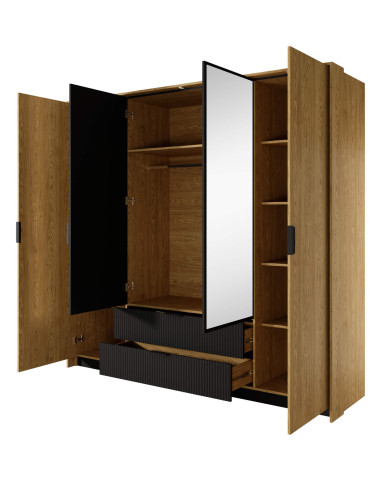 Szafa Baltic 220, czworo drzwi, szuflady, lustra, Dąb Baltic/ Czarny, Laski Meble Szafa Baltic 220, czworo drzwi, szuflady, lustra, Dąb Baltic/ Czarny, Laski Meble