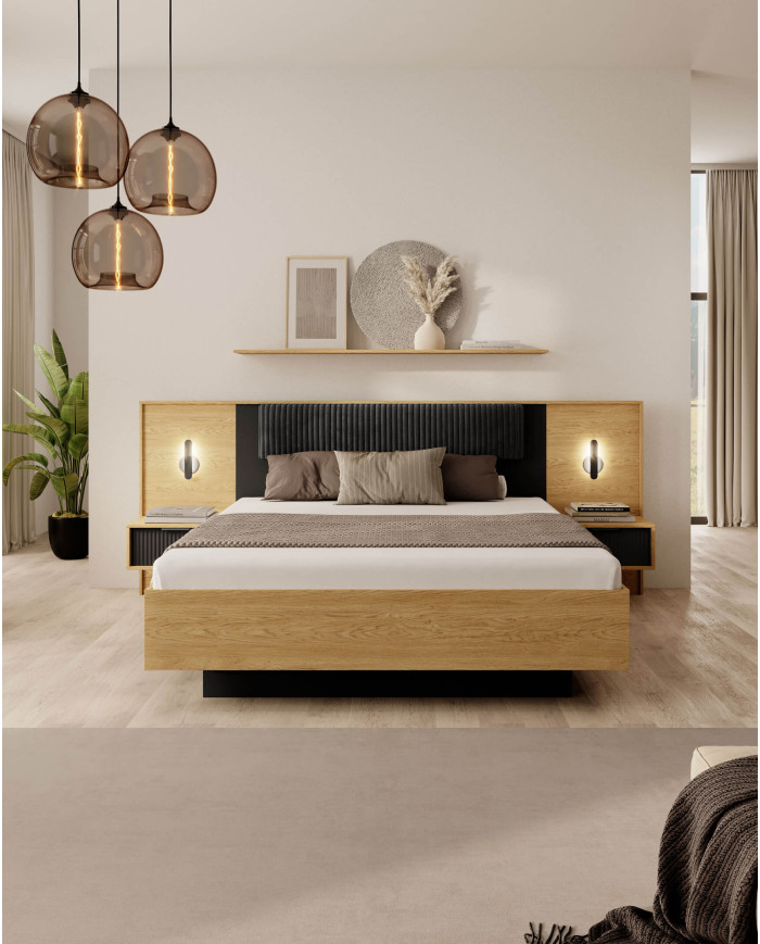 Łóżko sypialniane Baltic 160x200, tapicerowany szczyt, pojemnik, Dąb Baltic/ Czarny, Laski Meble