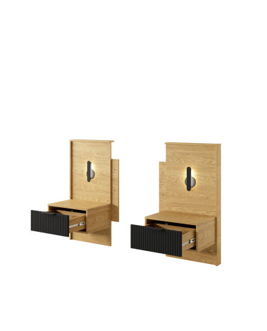 Szafki nocne Baltic, 2 szafki z szufladą i oświetleniem, Dąb Baltic/ Czarny, Laski Meble