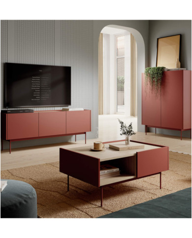 Stolik kawowy, ława Color L97, półka, szuflady, Ceramic red/ Dąb linea, PIASKI