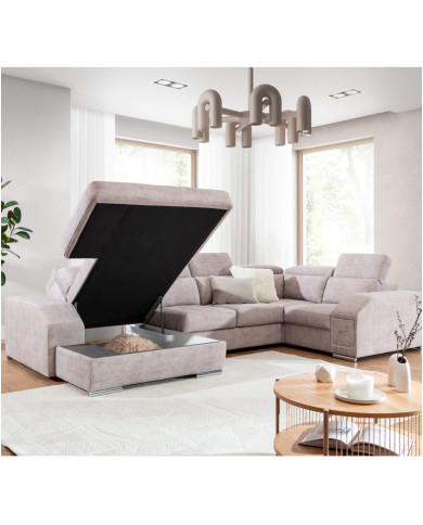 Narożnik Tulon U, OSB+2F+R+1BP, funkcja spania, pojemniki, regulowane zagłówki, Stagra