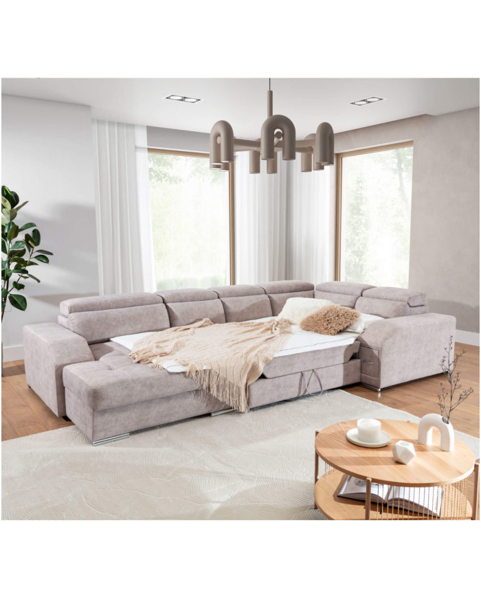 Narożnik Tulon U, OSB+2F+R+1BP, funkcja spania, pojemniki, regulowane zagłówki, Stagra