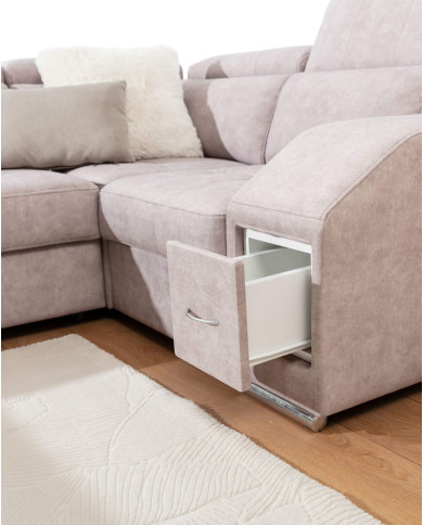 Narożnik Tulon U, OSB+2F+R+1BP, funkcja spania, pojemniki, regulowane zagłówki, Stagra