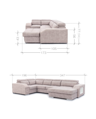 Narożnik Tulon U, OSB+2F+R+1BP, funkcja spania, pojemniki, regulowane zagłówki, Stagra