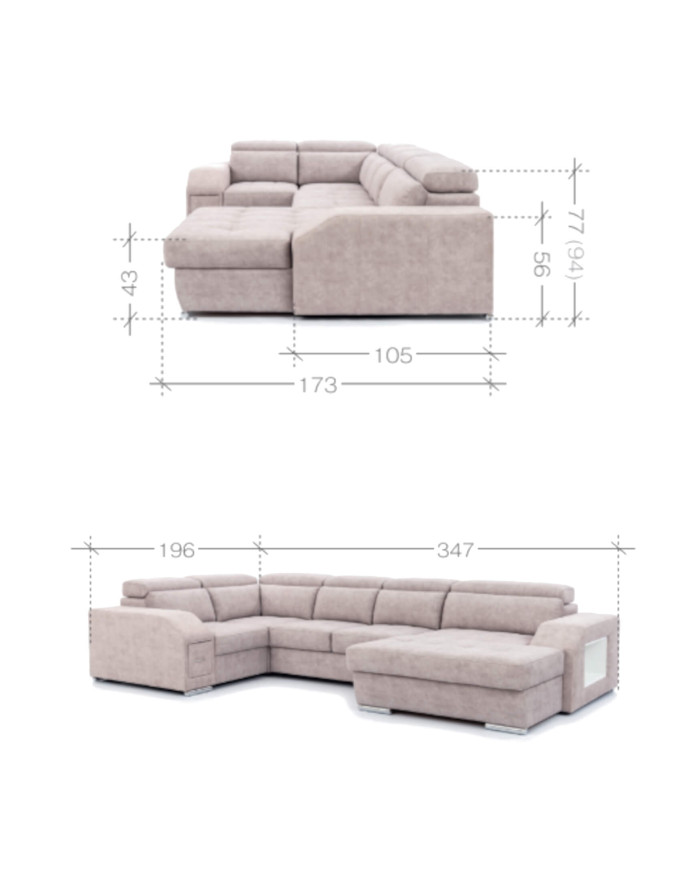 Narożnik Tulon U, OSB+2F+R+1BP, funkcja spania, pojemniki, regulowane zagłówki, Stagra