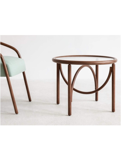 Stolik kawowy okrągły STK-1910 Ø 68 cm, gięty, bukowy, szklany blat, FAMEG