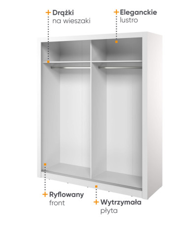 Szafa przesuwna, 181 cm, Arti AR-28P z oświetleniem, dwudrzwiowa, z lustrem, ryflowana, półki, drążki wieszakowe, biała, LENART Szafa przesuwna, 181 cm, Arti AR-28P z oświetleniem, dwudrzwiowa, z lustrem, ryflowana, półki, drążki wieszakowe, biała, LENART