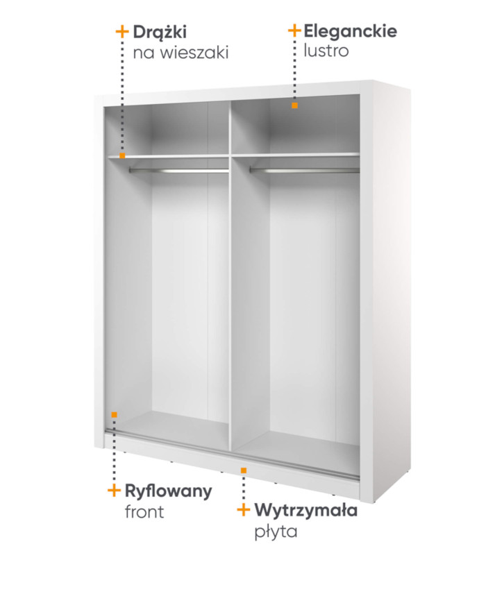 Szafa przesuwna, 181 cm, Arti AR-28P z oświetleniem, dwudrzwiowa, z lustrem, ryflowana, półki, drążki wieszakowe, biała, LENART