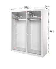 Szafa przesuwna, 181 cm, Arti AR-28P z oświetleniem, dwudrzwiowa, z lustrem, ryflowana, półki, drążki wieszakowe, biała, LENART
