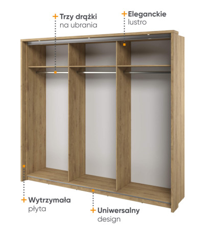 Szafa przesuwna, 240 cm, Arti AR-27P z oświetleniem, trzydrzwiowa, z lustrami, półki, drążki wieszakowe, dąb shetland, LENART Szafa przesuwna, 240 cm, Arti AR-27P z oświetleniem, trzydrzwiowa, z lustrami, półki, drążki wieszakowe, dąb shetland, LENART