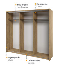 Szafa przesuwna, 240 cm, Arti AR-27P z oświetleniem, trzydrzwiowa, z lustrami, półki, drążki wieszakowe, dąb shetland, LENART