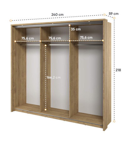 Szafa przesuwna, 240 cm, Arti AR-27P z oświetleniem, trzydrzwiowa, z lustrami, półki, drążki wieszakowe, dąb shetland, LENART Szafa przesuwna, 240 cm, Arti AR-27P z oświetleniem, trzydrzwiowa, z lustrami, półki, drążki wieszakowe, dąb shetland, LENART