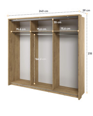 Szafa przesuwna, 240 cm, Arti AR-27P z oświetleniem, trzydrzwiowa, z lustrami, półki, drążki wieszakowe, dąb shetland, LENART