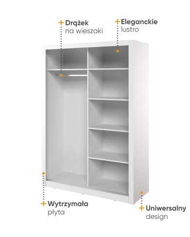 Szafa przesuwna, 150 cm, Arti AR-18, dwudrzwiowa, z lustrami, półki, drążek wieszakowy, biała, LENART Szafa przesuwna, 150 cm, Arti AR-18, dwudrzwiowa, z lustrami, półki, drążek wieszakowy, biała, LENART