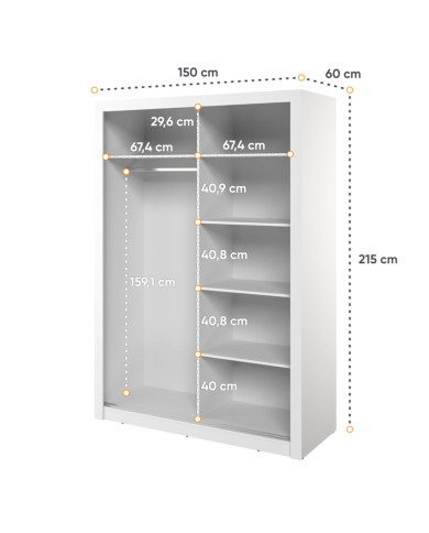 Szafa przesuwna, 150 cm, Arti AR-18, dwudrzwiowa, z lustrami, półki, drążek wieszakowy, biała, LENART Szafa przesuwna, 150 cm, Arti AR-18, dwudrzwiowa, z lustrami, półki, drążek wieszakowy, biała, LENART