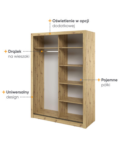 Szafa przesuwna, 150 cm, Arti AR-18, dwudrzwiowa, z lustrami, półki, drążek wieszakowy, dąb artisan, LENART Szafa przesuwna, 150 cm, Arti AR-18, dwudrzwiowa, z lustrami, półki, drążek wieszakowy, dąb artisan, LENART
