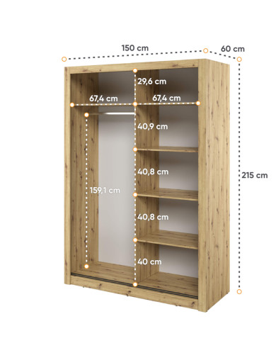 Szafa przesuwna, 150 cm, Arti AR-18, dwudrzwiowa, z lustrami, półki, drążek wieszakowy, dąb artisan, LENART Szafa przesuwna, 150 cm, Arti AR-18, dwudrzwiowa, z lustrami, półki, drążek wieszakowy, dąb artisan, LENART