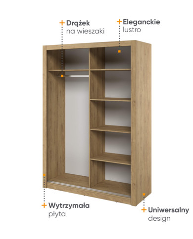 Szafa przesuwna, 150 cm, Arti AR-18, dwudrzwiowa, z lustrami, półki, drążek wieszakowy, dąb shetland, LENART Szafa przesuwna, 150 cm, Arti AR-18, dwudrzwiowa, z lustrami, półki, drążek wieszakowy, dąb shetland, LENART