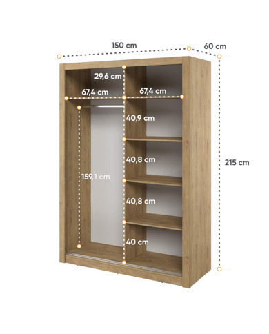 Szafa przesuwna, 150 cm, Arti AR-18, dwudrzwiowa, z lustrami, półki, drążek wieszakowy, dąb shetland, LENART Szafa przesuwna, 150 cm, Arti AR-18, dwudrzwiowa, z lustrami, półki, drążek wieszakowy, dąb shetland, LENART