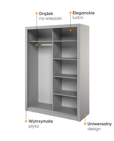 Szafa przesuwna, 150 cm, Arti AR-18, dwudrzwiowa, z lustrami, półki, drążek wieszakowy, szara, LENART Szafa przesuwna, 150 cm, Arti AR-18, dwudrzwiowa, z lustrami, półki, drążek wieszakowy, szara, LENART