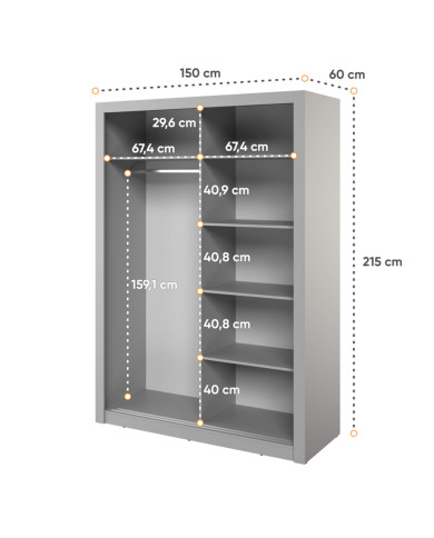 Szafa przesuwna, 150 cm, Arti AR-18, dwudrzwiowa, z lustrami, półki, drążek wieszakowy, szara, LENART Szafa przesuwna, 150 cm, Arti AR-18, dwudrzwiowa, z lustrami, półki, drążek wieszakowy, szara, LENART