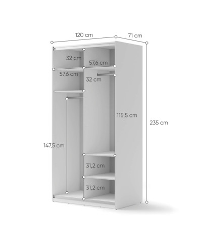 Szafa przesuwna, 120 cm, Maxi MX-01, dwudrzwiowa, z lustrem, półki, drążki wieszakowe, biała, LENART Szafa przesuwna, 120 cm, Maxi MX-01, dwudrzwiowa, z lustrem, półki, drążki wieszakowe, biała, LENART