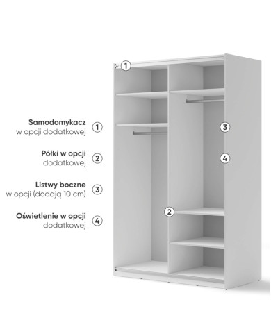 Szafa przesuwna, 150 cm, Maxi MX-02, dwudrzwiowa, z lustrem, półki, drążki wieszakowe, biała, LENART Szafa przesuwna, 150 cm, Maxi MX-02, dwudrzwiowa, z lustrem, półki, drążki wieszakowe, biała, LENART