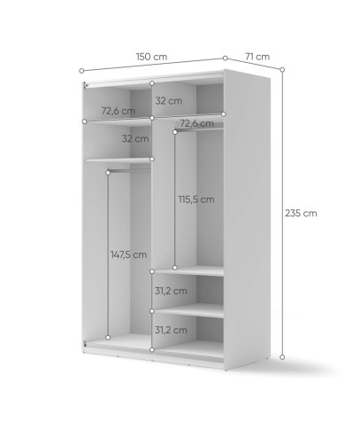 Szafa przesuwna, 150 cm, Maxi MX-02, dwudrzwiowa, z lustrem, półki, drążki wieszakowe, biała, LENART Szafa przesuwna, 150 cm, Maxi MX-02, dwudrzwiowa, z lustrem, półki, drążki wieszakowe, biała, LENART
