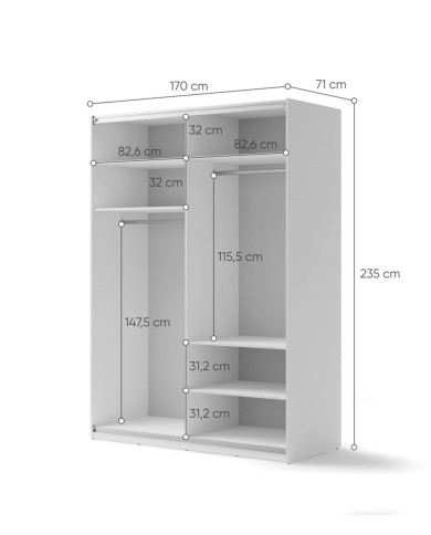 Szafa przesuwna, 170 cm, Maxi MX-03, dwudrzwiowa, z lustrem, półki, drążki wieszakowe, biała, LENART Szafa przesuwna, 170 cm, Maxi MX-03, dwudrzwiowa, z lustrem, półki, drążki wieszakowe, biała, LENART