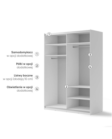 Szafa przesuwna, 170 cm, Maxi MX-03, dwudrzwiowa, z lustrem, półki, drążki wieszakowe, biała, LENART Szafa przesuwna, 170 cm, Maxi MX-03, dwudrzwiowa, z lustrem, półki, drążki wieszakowe, biała, LENART