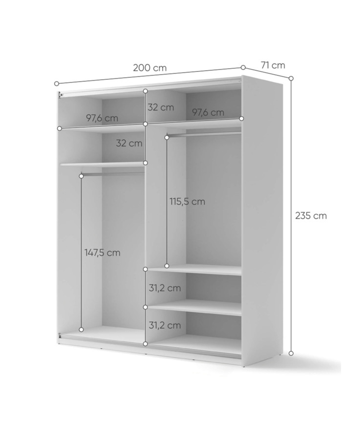 Szafa przesuwna, 200 cm, Maxi MX-04, dwudrzwiowa, z lustrem, półki, drążki wieszakowe, biała, LENART