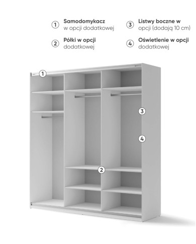 Szafa przesuwna, 220 cm, Maxi MX-05, trzydrzwiowa, z lustrami, półki, drążki wieszakowe, biała, LENART Szafa przesuwna, 220 cm, Maxi MX-05, trzydrzwiowa, z lustrami, półki, drążki wieszakowe, biała, LENART