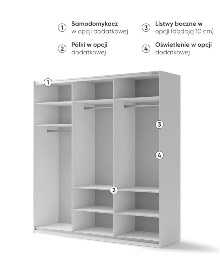 Szafa przesuwna, 220 cm, Maxi MX-05, trzydrzwiowa, z lustrami, półki, drążki wieszakowe, biała, LENART
