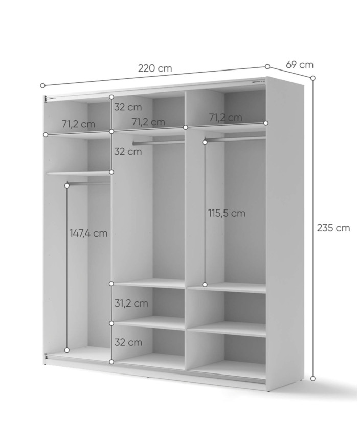 Szafa przesuwna, 220 cm, Maxi MX-05, trzydrzwiowa, z lustrami, półki, drążki wieszakowe, biała, LENART