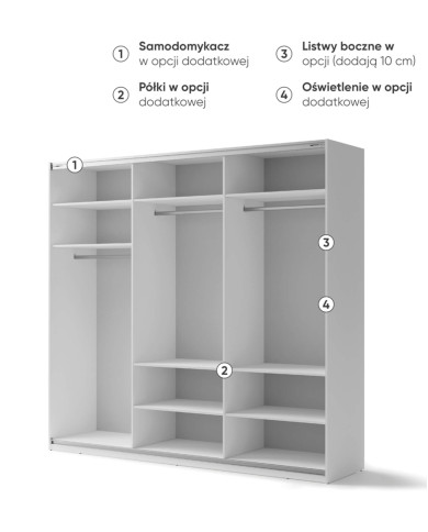 Szafa przesuwna, 250 cm, Maxi MX-06, trzydrzwiowa, z lustrami, półki, drążki wieszakowe, biała, LENART Szafa przesuwna, 250 cm, Maxi MX-06, trzydrzwiowa, z lustrami, półki, drążki wieszakowe, biała, LENART