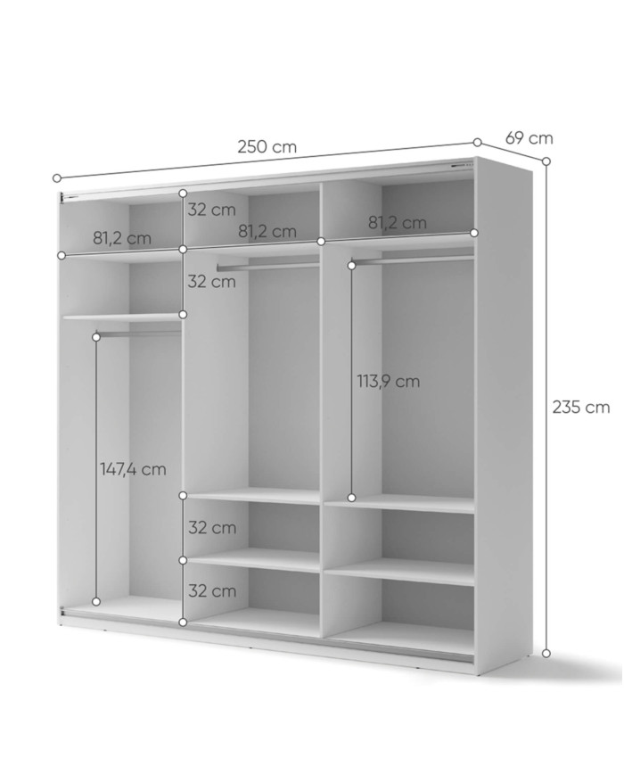 Szafa przesuwna, 250 cm, Maxi MX-06, trzydrzwiowa, z lustrami, półki, drążki wieszakowe, biała, LENART