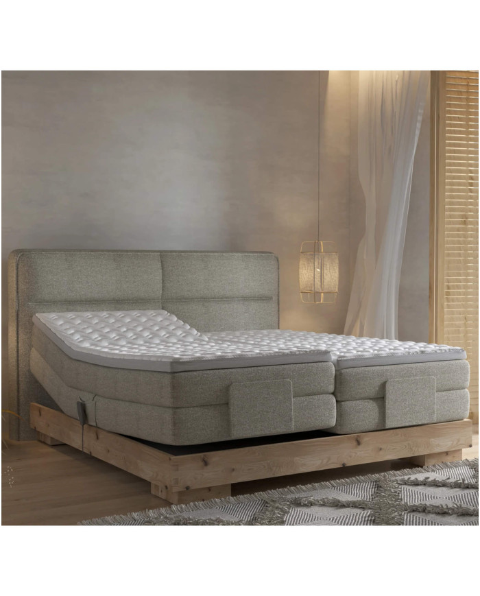Łóżko kontynentalne Valsen 140x200 cm, boxspring, elektrycznie regulowane, tapicerowane, materace, elementy dębowe, Wersal