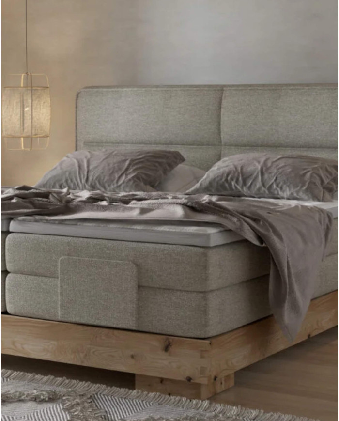Łóżko kontynentalne Valsen 140x200 cm, boxspring, elektrycznie regulowane, tapicerowane, materace, elementy dębowe, Wersal