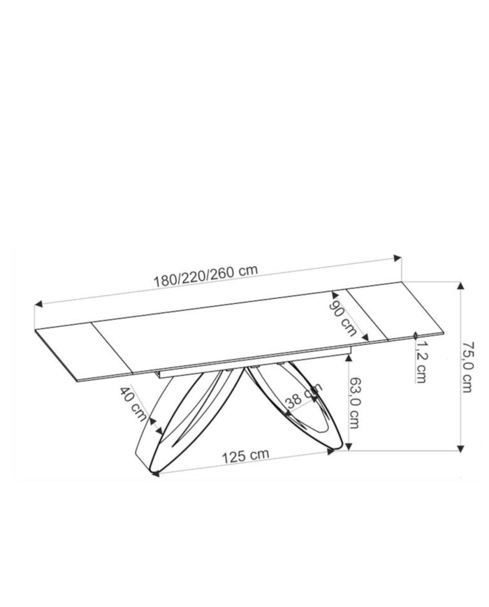 Stół kolumnowy Hilario, prostokątny, rozkładany, 180-260/90/75 cm, spiek biały marmur, metalowe czarne nogi, HALMAR