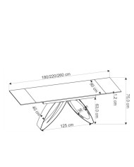 Stół kolumnowy Hilario, prostokątny, rozkładany, 180-260/90/75 cm, spiek biały marmur, metalowe czarne nogi, HALMAR