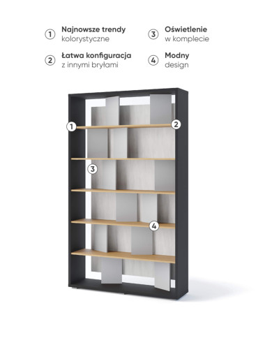 Regał Fitt FP-01, z oświetleniem, grafit/ dąb linearny/ natural/ szary, LENART Regał Fitt FP-01, z oświetleniem, grafit/ dąb linearny/ natural/ szary, LENART