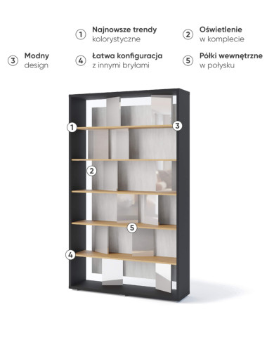 Regał Fitt FP-01, z oświetleniem, grafit/ dąb linearny/ natural/ szary połysk, LENART Regał Fitt FP-01, z oświetleniem, grafit/ dąb linearny/ natural/ szary połysk, LENART